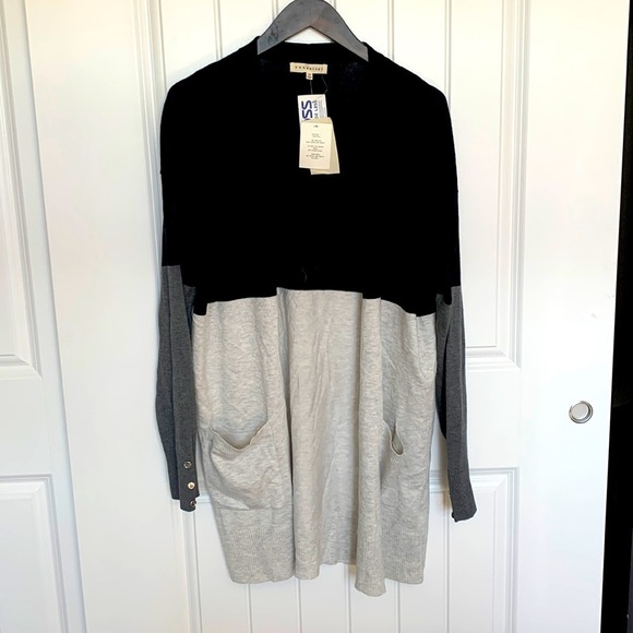 Retrology NWT Women Color Block Open Front Long Knit Cardigan Pockets Sz M Grey - Picture 1 of 12